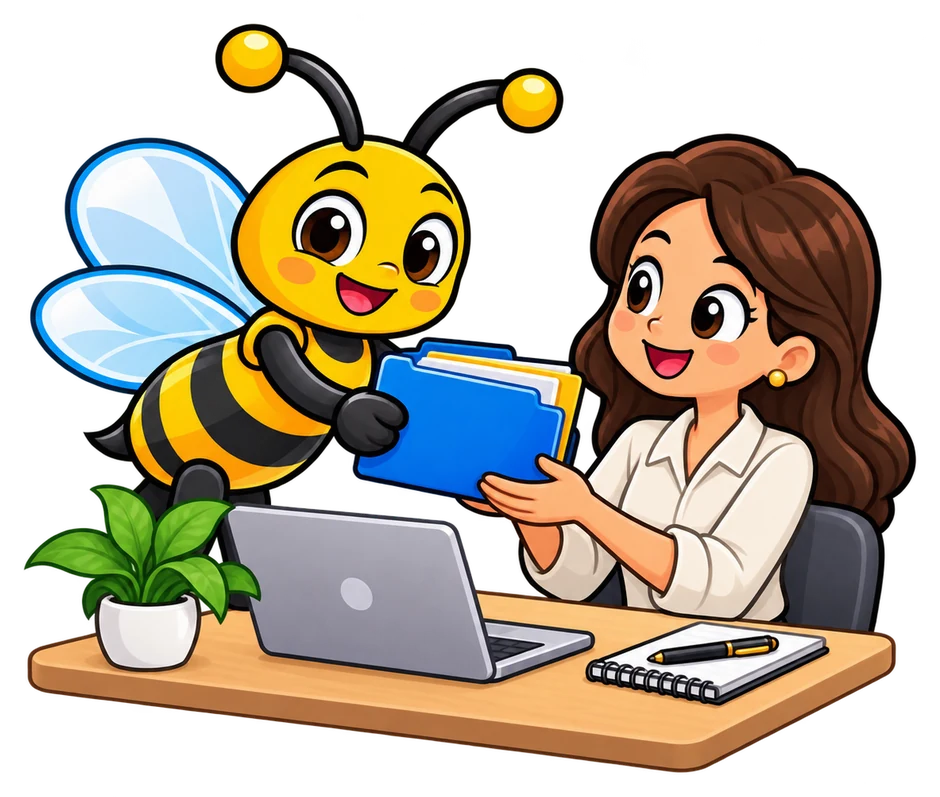 Busy Bee mascot handing an organized folder to a new employee