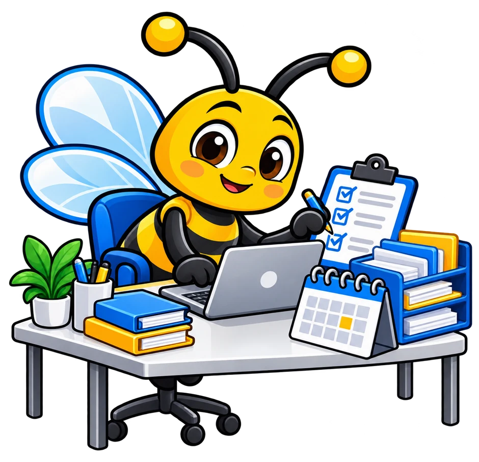 Friendly Busy Bee mascot working at a tidy desk with a laptop, calendar, and organized files