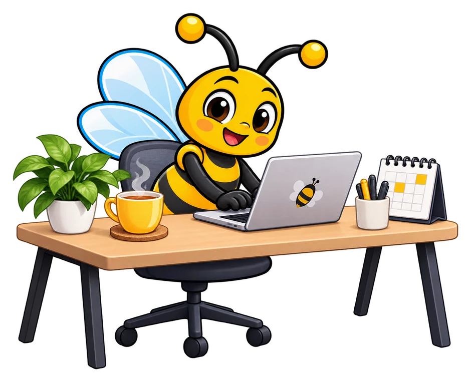 Busy Bee mascot working at a laptop with a plant, tea, and calendar
