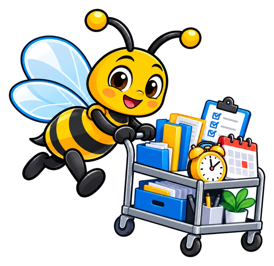 Busy Bee mascot pushing an organized office cart